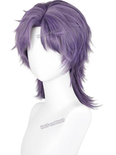 Image of Half and Half Gray Purple Wolf Cut Anime Cosplay Wig with Bangs 15'' Dark Purple Shoulder Length Middle Part Layered Wigs for Men Women Halloween Party Daily