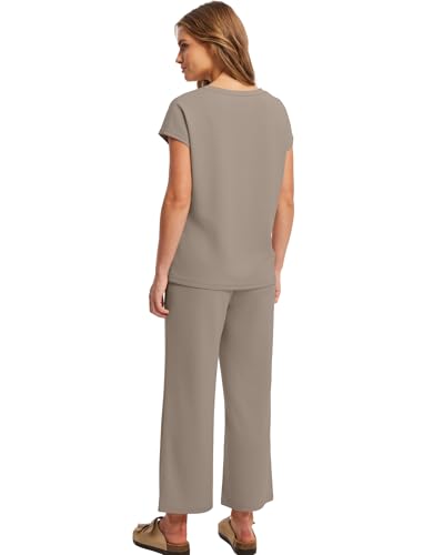 Image of Saloogoe Two Piece Sets for Women Summer Outfits Lounge Sets V Neck Tops Wide Leg Pants Woman Vacation Travel Outfits