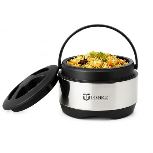 Image of Trendz 1000ml (1 Litre) Stainless Steel Insulated Casserole with Double Wall PUF Insulation | Advanced PUF Thermal Insulation for Long-Lasting Heat | Airtight Leak-Resistant Lid | Food Grade Steel Food Server (Silver) Heavy-Duty Durable Steel Body