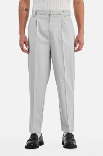 Image of SNITCH Men Trousers Formal Wear | Relaxed Fit Straight Leg Pleated Front & Turned-up Hem Design | Polyester Blend Medium-Stretch Fabric for Office Meetings & Daily Professional Use