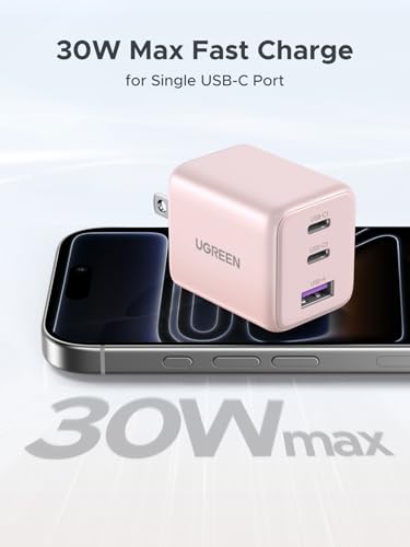 Image of UGREEN 3-Port 30W USB C Charger Block, GaN II Type C Fast Charging, Pink | 2 USB-C & 1 USB-A, Compact Size, Multiple Protection, for iPhone 17 /16 /15, Galaxy S26 /S25, iPad, MacBook Neo /Air