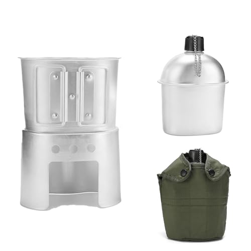Juego de 4 cantimploras militares, kit de bolsas para estufa, botella de agua multifuncional, para supervivencia al aire libre, camping, senderismo, mochileros (plateado)