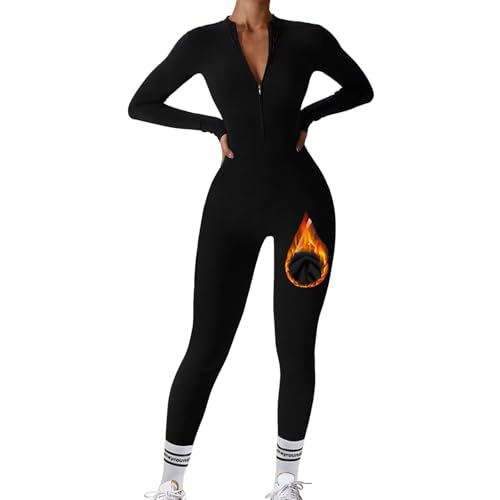 MAYROUND Mono deportivo para mujer, largo, ajustado, de yoga, de manga larga, con cremallera, conjuntos térmicos, bodycon, A-negro., M