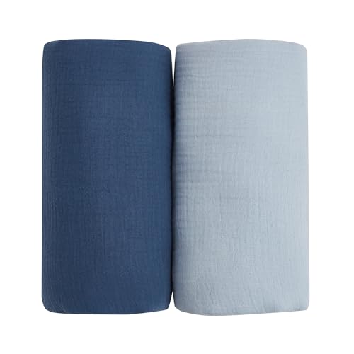 Image of QSTEHEML Neutral Cotton Soft Muslin Swaddle Blankets,2 Pack of 47 * 47 Inch Large Muslin Blankets,Muslin Baby Blanket for Newborn Cribs(Navy&Blue)