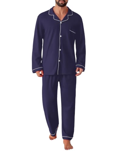 Image of QZH.DUAO Mens Pajama Set 100% Cotton Long Sleeve Button Down PJs