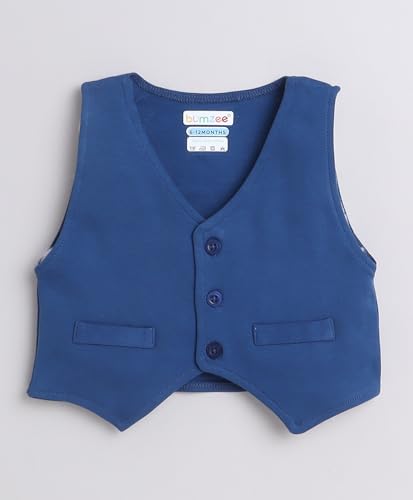 Image of BUMZEE Boys Regular Fit Full Sleeves Collar Neck Cotton Shirt Waistcoat Short Set with Applique Bow