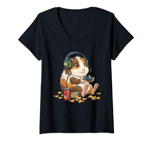 Mujer Consola de PC para Videojuegos de Conejillo de Indias Camiseta Cuello V