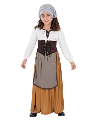Funidelia Disfraz de campesina medieval para niña, Falda, delantal, camiseta, corpiño y pañuelo para cabeza, Edad Media - Traje para niños para fiestas, Carnaval y Halloween - Talla 7-9 años