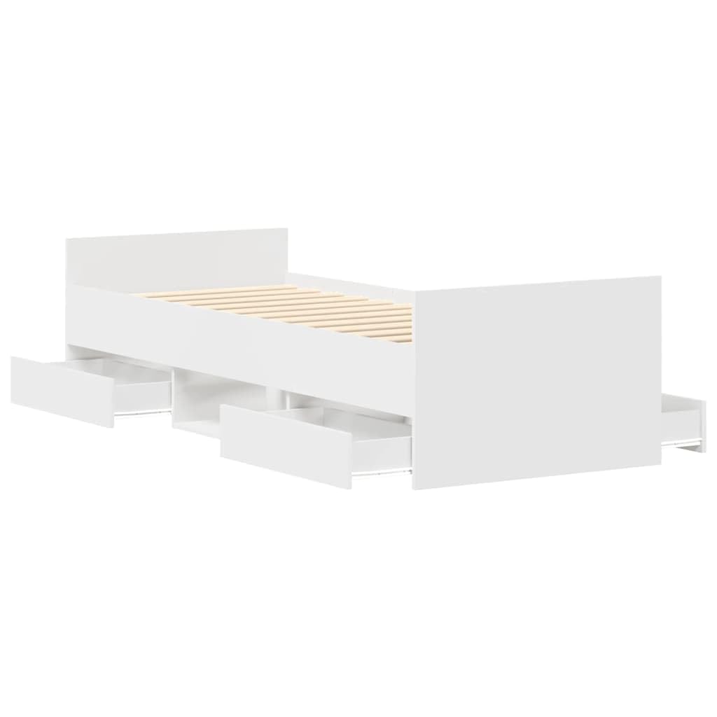 rama z szufladami z drewnopochodnej płyty biala 75x190 cm | Rama łóżka z wezgłowiem i zanóżkiem biała 75x190 cm z szufladami i półkami do przechowywania do sypialni, gościnna, stabilna