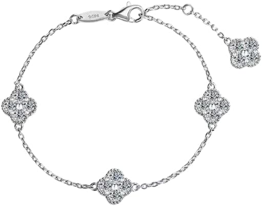 2 CT Lab Created D/VVS1 Diamond Station Clover Flower Bracelet For Women 14K White Gold Plated Sterling Silver Jewelry Total Length 8 Inches