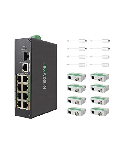 Image of LINOVISION Industrial 8-Port EOC & POE Switch with 8pcs EOC Transmitters, Long Reach PoE Over Coax or UTP Cable, Simplified Wiring, Upgrading Analog System to IP Surveillance System