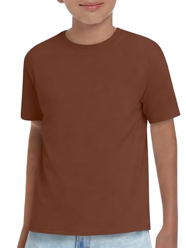 Humordream Boys T-Shirt Kids Basic Short Sleeve Shirts Solid Casual Tops Crewneck Tees 5-14 Years Brown