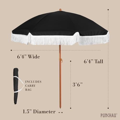 Punchau 6 Ft Fringe Patio Umbrella - Black Outdoor Umbrella for Patio, Pool, Table, Garden, Deck, and Beach - Push Button Tilt Pole - Fashionable Boho Vintage Tassels and Wood Print - Image 3