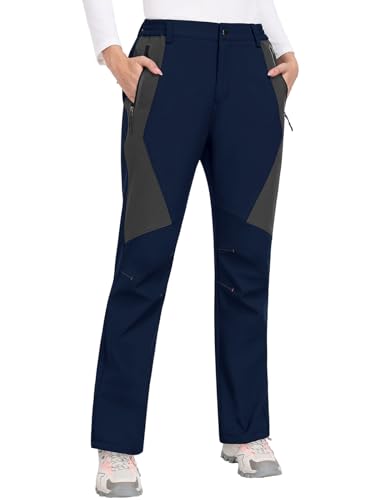 PASUDA Pantalones Trekking Mujer Invierno Impermeables Montaña Senderismo Termico Pantalon Nieve Ski Esquí Polar Forrado Aire Libre Pantalón de Trabajo Escalada Softshell(Azul Marino,M)