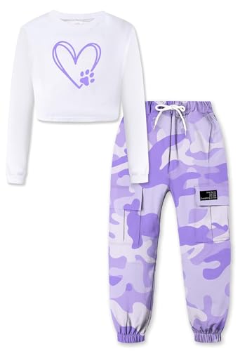 Image of SANGTREE Girls' Clothing Sets Crop Top & Cargo Jogger Pants 2 Piece Outfit, White+purple camouflage, 6-7Y = Tag 130