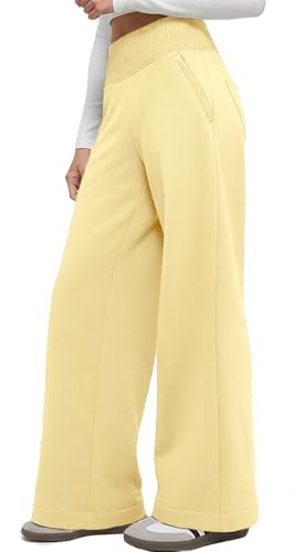 Sweetmoon Wide Leg Sweatpants Women Lightweight High Waisted Sweat Pants Baggy Lounge Pants Women Joggers with Pockets Cream Yellow L