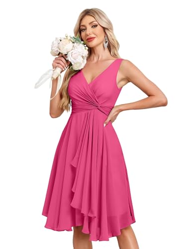 Image of Women's V Neck Short Bridesmaid Dresses 2025 Ruched Waist A Line Chiffon Formal Cocktail Party Dress