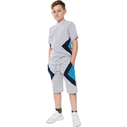 A2Z 4 Kids Boys T-Shirt Top Shorts Set Contrast Panelled 100% Cotton Short Sleeves T Shirt Summer Outfit 2 Piece Activewear - Shorts Set 482 Grey 13