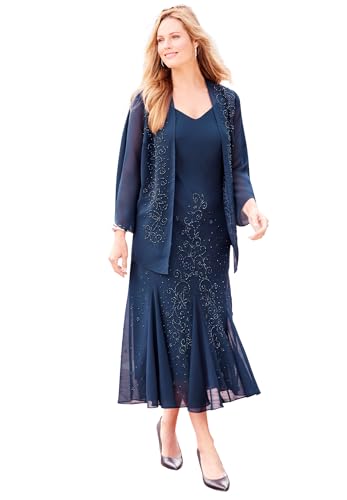 Catherines Women's Plus Size Masquerade Beaded Dress Set with Jacket (Petite Available) - 24 W, Mariner Navy