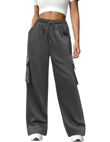 Totatuit Termico Anchos Pantalon Chandal Mujer Holgado Rectos Elastico Tiro Alto Cordon Cargo Bolsillos Jogger Deporte Pantalón Ropa Casa Gris Oscuro S
