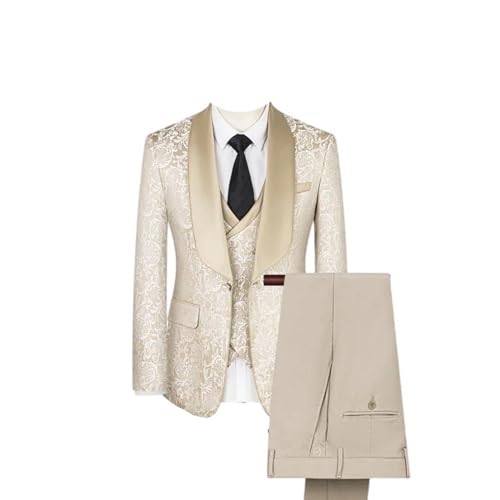 Three-piece Sets Men Printed Turn Down Collar Male Outfit British Style Slim Wedding Suit Champagne XXL