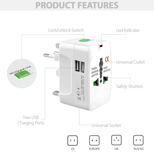 Image of GIGAWATTS Universal Travel Adapter with Dual USB Fast Charging Port All in One Multipurpose and Multi Type Worldwide Power Outlet AC /DC 6A /5V Ports Portable for International Travelling (1Pc, White)