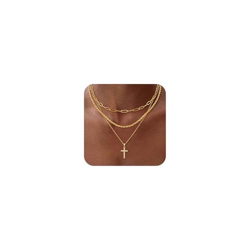 Layered Gold Cross Necklaces for Women, Stack Stackable 14K Gold/Silver Plated Cubic Zirconia Pendant Necklace Set Dainty Choker Layering Necklaces for Women Faith Jewelry Religious Gift