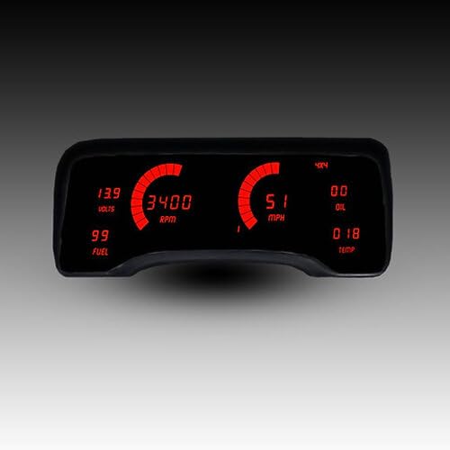 Intellitronix LED Digital Gauge Cluster for Jeep XJ, displaying red digital readouts for volts, fuel, RPM, MPH, oil, and temperature.