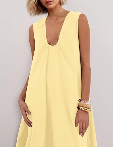 Image of Women Flowy Maxi Dress Ruched Sleeveless Long Dress Vacation Fashion Summer Casual Loose Fit Sundress with Pockets