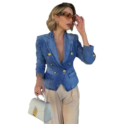 Women's Denim Jacket Suit Double Breasted Blazer Long Sleeve Jackets4