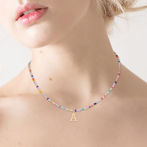 for Women Girls Letter PendantSummer Necklaces, Bohemian Beaded Necklace Colorful Beaded Initial Necklace Handmade Jewelry Gifts for Teens (A)4