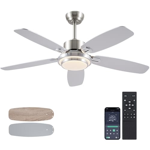 Surtime Ventilador de techo con luz,Ventilador de techo de níquel moderno de 137 CM con luz y control remoto/APP con motor reversible de CC para dormitorio