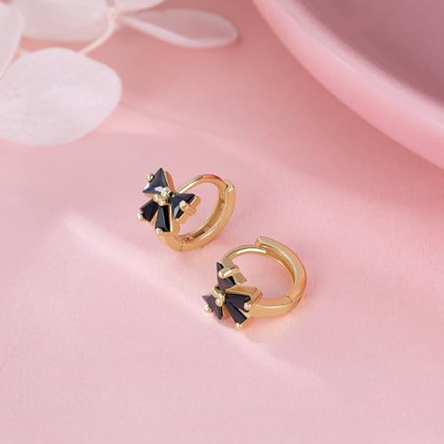 Reffeer Solid 925 Sterling Silver Bow Hoop Earrings Huggie for Women Teen Girls Black CZ Bowknot Hoop Earrings Ribbon Cartilage Huggie3