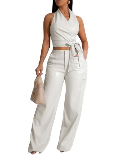WOKANSE Womens PU Leather Stretchy 2 Piece Outfit Belted Sleeveless Halter Tops and Straight Leg Pants Set with Pocket