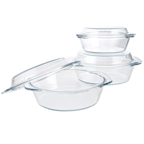 YAYODS Lot de 3 Plats à Four en Verre avec Couvercle - 650/1000/1400ml - Cocotte Ronde en Verre Résistant à la Chaleur pour Micro-ondes, Four et Réfrigérateur -...