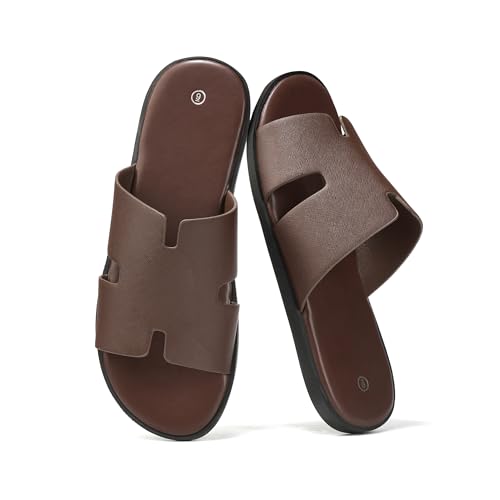 Summer Men Sandals for Leather, Comfortable Flats with Memory Foam Insole, Rubber Outsole Non-Slip Casual Fashion Slides