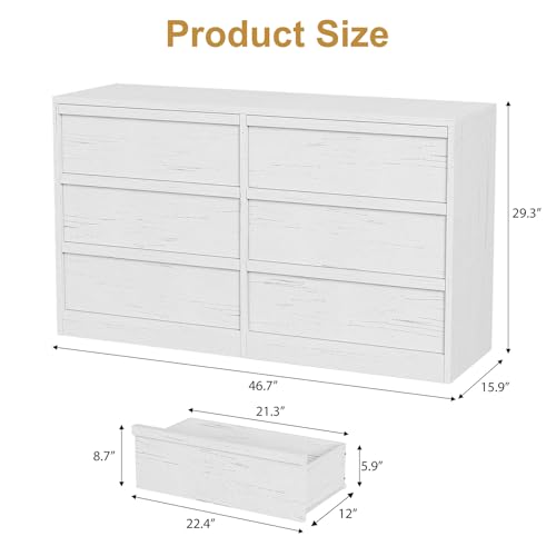 GarveeHome 6 Drawer Dresser for Bedroom, Antique White Double Dresser Organizer with Large Storage, Wooden Chest of Drawers for Living Room, Nursery, Hallway