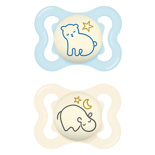 MAM Supreme Night - Juego de 2 tetinas luminosas, ideales para un desarrollo saludable de los dientes y la mandíbula, previene la irritación de la piel, con caja de chupete para bebés de 0 a 6 meses