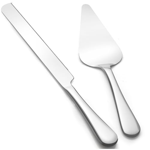 Blvtoios 13-Inch Premium Cake Cutting Set for Wedding, Cake Knife and Server Set with Serrated Blade, Ergonomic Handle & Mirror Finish, Ideal for Cake, Pastry, Pizza and Desserts (Silver)