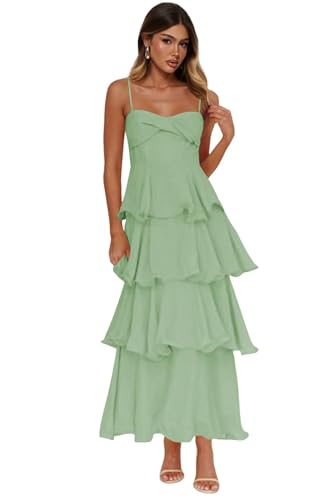Flowy Chiffon Tiered Bridesmaid Dress Spaghetti Straps Formal Evening Dresses QA262