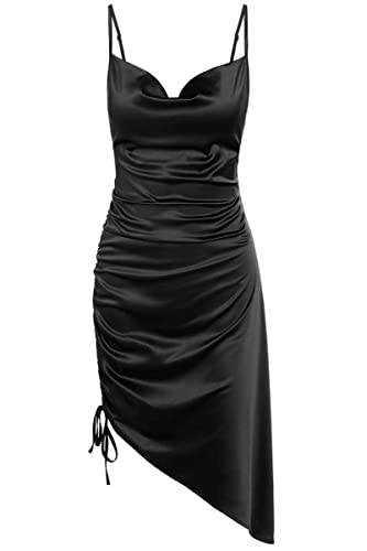 ZAFUL Asymmetric Midi Dresses for Women Black Satin Dress Cowl Neck  Cocktail Dress Drawstring Sexy Dress L