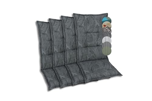 GO-DE Textil Bequeme und attraktive Polsterauflagen für Mittellehner-Gartenstühle (4er-Set, Blätter Anthrazit, Mittellehner)