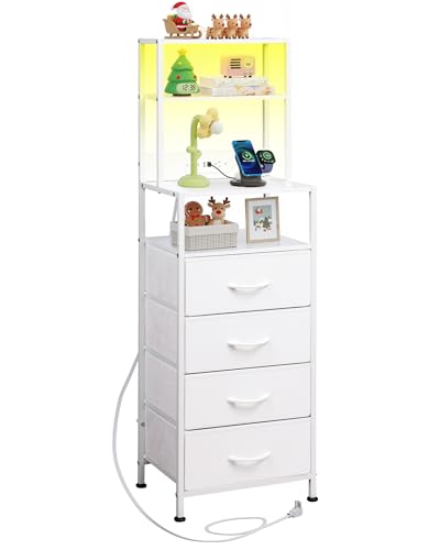 WLIVE Tall Nightstand with Charging Station, LED Night Stand with 4 Drawers and Storage Open Shelves, Fabric Dresser for Bedroom, Living Room, Office, White