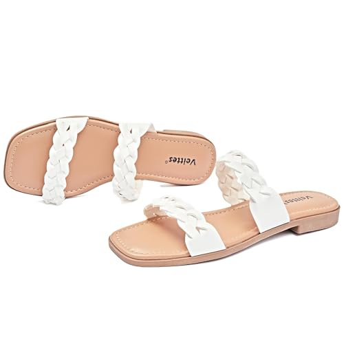 Veittes Women's Casual Flat Slide Sandals - Simple Strappy Slip On Summer Sandals