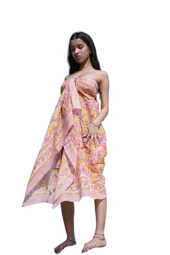 Handblock Printed Sarong – Cotton Scarf, Beach Wrap, Bohemian Breathable Cotton Sarong – Block Printed Pareo for Travel