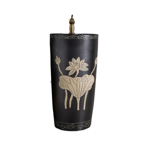 Independiente Lavabo de pedestal cerámica negra con grifo y desagüe. pie for baño, balcón o patio moderno