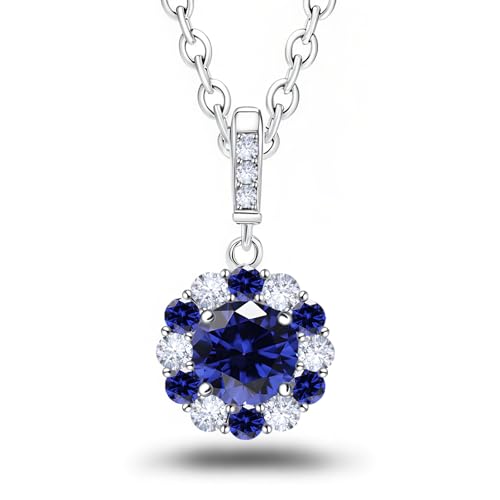 Sapphire Necklace Sterling Silver Sparkling CZ Blue Round Halo Pendant Necklace Fashion Exquisite Round Cut Halo Pendant Luxurious September Birthstone Jewelry Gifts for Birthday Wedding Christmas