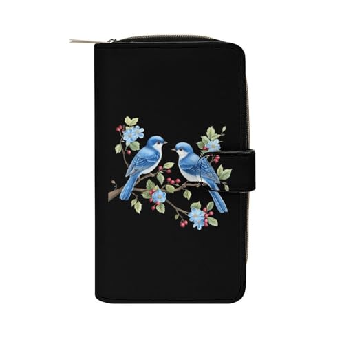 Two Blue Birds Sitting on Branch Fashion Women's Wallet RFID Blocking Bifold Clutch Purse Compact Card Holder 19.7x11x3.5cm
