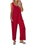 Ekouaer Women's Onesies Pajamas Casual Wide Leg Loose Rompers Scoop Neck Tank Jumpsuits with Pockets Deep Red Large