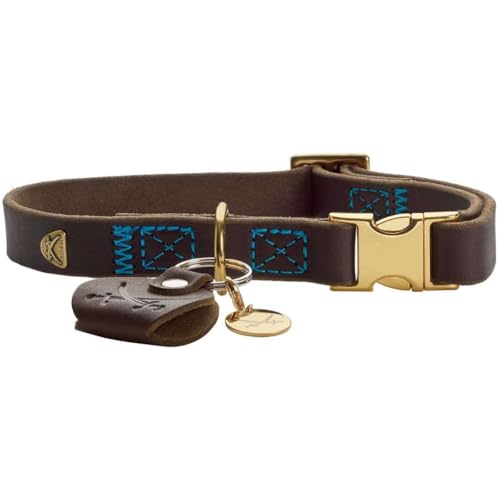HUNTER Hundehalsung Sansibar Farbe: Dunkelbraun, edles Rindsleder, Maritime Details, Blaue Ziernähte, messingfarbene Beschläge, stufenlos verstellbar, stylisch & robust, Made in Germany, Größe: M